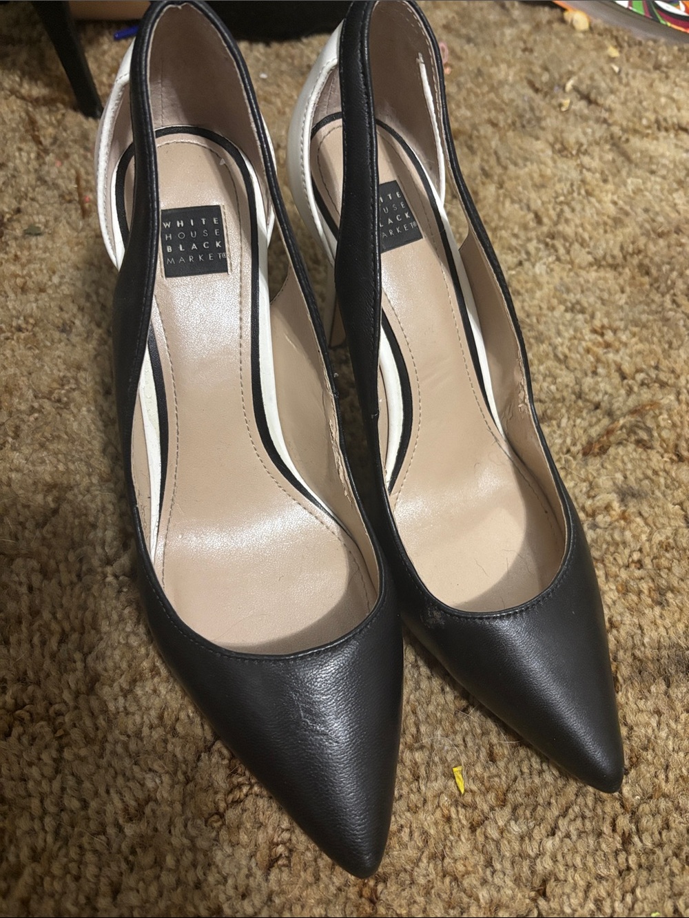 White House Black Market Black Pointed Slingback Pumps with Cream Lining